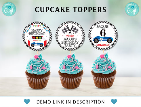 Editable Race Car Cupcake Toppers, Favor Tags Birthday Party Decoration, Vintage Car Birthday, Race Car Download Digital