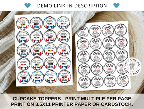 Editable Race Car Cupcake Toppers, Favor Tags Birthday Party Decoration, Vintage Car Birthday, Race Car Download Digital