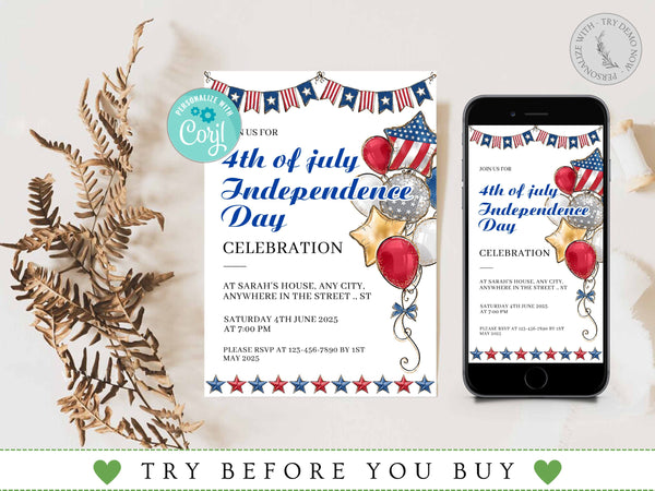 4th of July Party Invitation, American Flag Invitation, Independence Day, 4th of July Bbq Invite, Digital Download, Barbeque Invitation