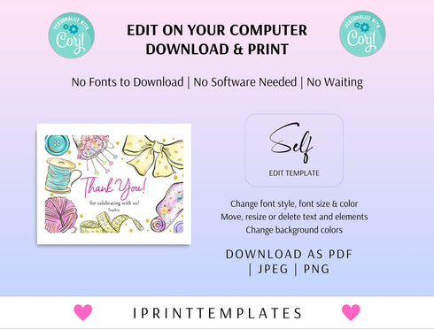 Sewing Birthday Thank You Card, Sewing Party, Sewing Birthday Thank You Template, Sewing Party Girls, Editable Instant Download