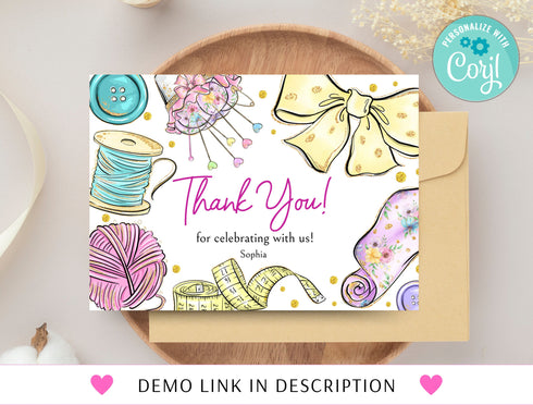 Sewing Birthday Thank You Card, Sewing Party, Sewing Birthday Thank You Template, Sewing Party Girls, Editable Instant Download