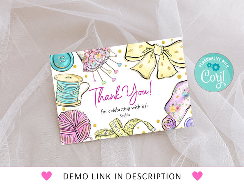 Sewing Birthday Thank You Card, Sewing Party, Sewing Birthday Thank You Template, Sewing Party Girls, Editable Instant Download