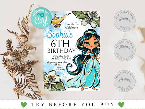 Jasmine Invitation, Princess Jasmine Birthday Invitation, Jasmine Party, Jasmine Invites, Editable Invitation, Digital Card