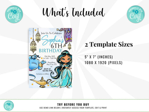 Princess Jasmine Birthday Invitation, Jasmine Invitation, Jasmine Party, Jasmine Invites, Editable Invitation, Digital Card