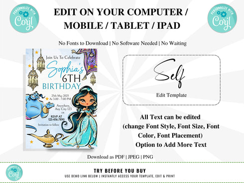 Princess Jasmine Birthday Invitation, Jasmine Invitation, Jasmine Party, Jasmine Invites, Editable Invitation, Digital Card