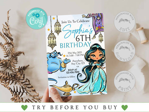 Princess Jasmine Birthday Invitation, Jasmine Invitation, Jasmine Party, Jasmine Invites, Editable Invitation, Digital Card