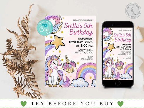 Unicorn Invitation Template, Unicorn and Rainbow Birthday Invitation, Unicorn Party, Editable Digital Template, Instant Download