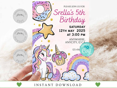 Unicorn Invitation Template, Unicorn and Rainbow Birthday Invitation, Unicorn Party, Editable Digital Template, Instant Download