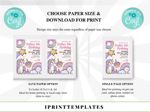 Unicorn Invitation Template, Unicorn and Rainbow Birthday Invitation, Unicorn Party, Editable Digital Template, Instant Download