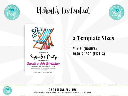 Editable Beach Party Invitation, Girl Birthday Invitation, Surf's Up, Summer Party, Swimming, Beach Party, Printable, Digital, Instant