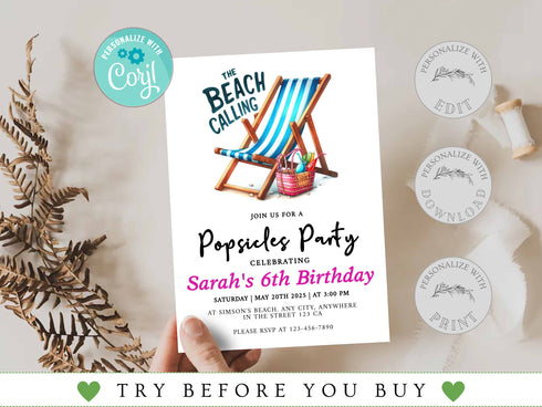 Editable Beach Party Invitation, Girl Birthday Invitation, Surf's Up, Summer Party, Swimming, Beach Party, Printable, Digital, Instant
