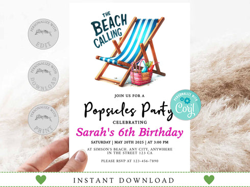 Editable Beach Party Invitation, Girl Birthday Invitation, Surf's Up, Summer Party, Swimming, Beach Party, Printable, Digital, Instant
