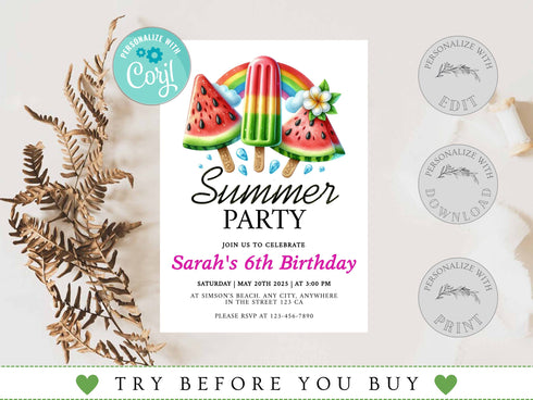 Summer Party Invitation, Summer Party Invitation, Summer Invites, Summer Birthday Party Invitation, Summer Party with Corjl, Summer