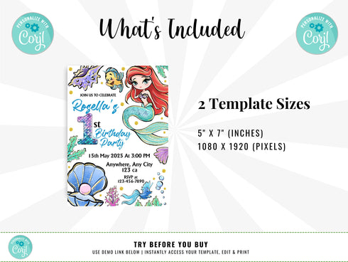 Mermaid Birthday Invitation, Ariel Birthday Invite, Editable Mermaid Birthday Invitation, Birthday Invitation for Girls Mermaid Ariel