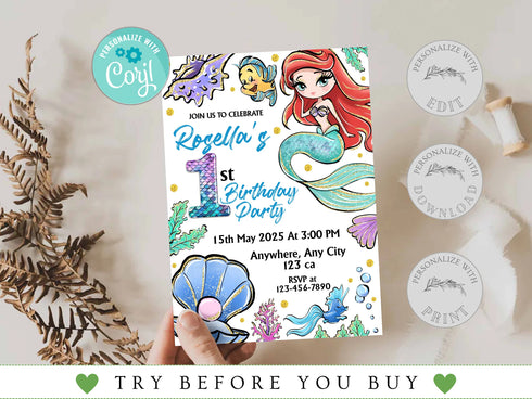 Mermaid Birthday Invitation, Ariel Birthday Invite, Editable Mermaid Birthday Invitation, Birthday Invitation for Girls Mermaid Ariel