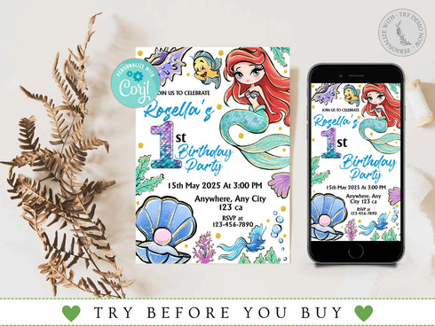 Mermaid Birthday Invitation, Ariel Birthday Invite, Editable Mermaid Birthday Invitation, Birthday Invitation for Girls Mermaid Ariel