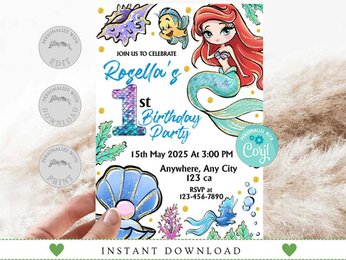 Mermaid Birthday Invitation, Ariel Birthday Invite, Editable Mermaid Birthday Invitation, Birthday Invitation for Girls Mermaid Ariel