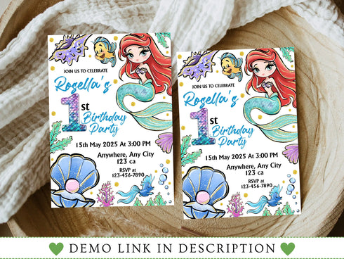 Mermaid Birthday Invitation, Ariel Birthday Invite, Editable Mermaid Birthday Invitation, Birthday Invitation for Girls Mermaid Ariel