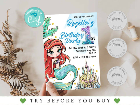 Mermaid Birthday Invitation, Editable Mermaid Party Invite, Under the Sea Birthday Invitation Template, Instant Download Printable Invite