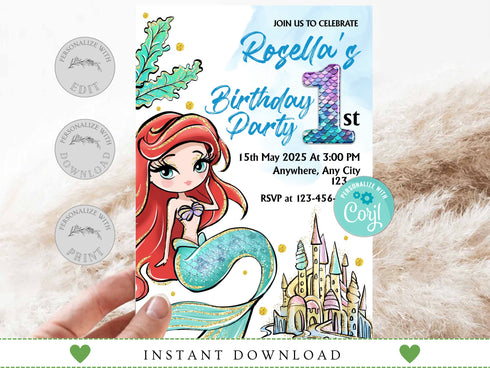 Mermaid Birthday Invitation, Editable Mermaid Party Invite, Under the Sea Birthday Invitation Template, Instant Download Printable Invite