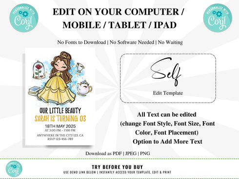 Beauty and the Beast Birthday Invitation, Princess Birthday Party Invite, Printable Editable Birthday Invitation, Birthday Girls, Corjl