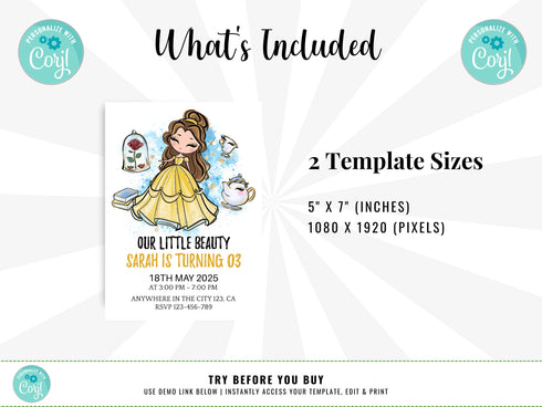 Beauty and the Beast Birthday Invitation, Princess Birthday Party Invite, Printable Editable Birthday Invitation, Birthday Girls, Corjl