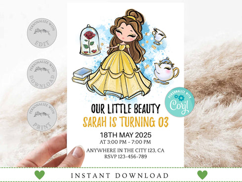 Beauty and the Beast Birthday Invitation, Princess Birthday Party Invite, Printable Editable Birthday Invitation, Birthday Girls, Corjl