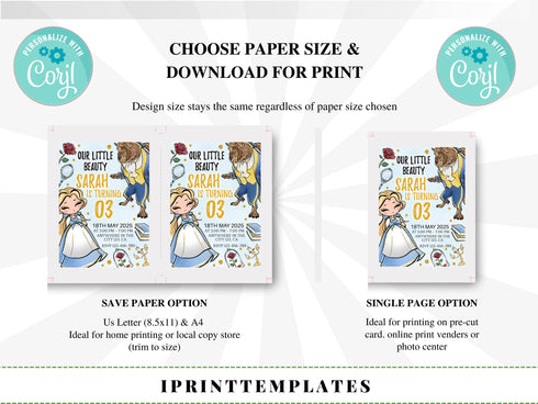 Beauty and the Beast Invitation, Beauty and the Beast, Digital File, Printable File, Beauty and the Beast Birthday Invitation, Corjl