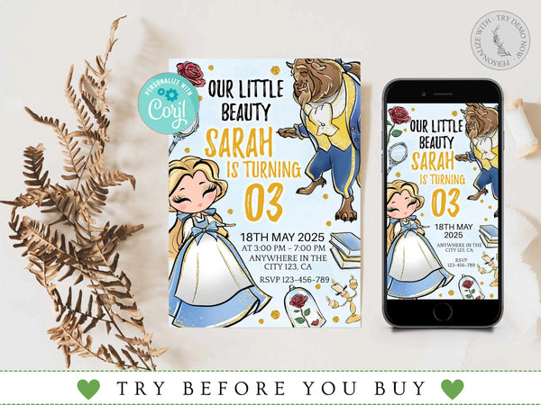 Beauty and the Beast Invitation, Beauty and the Beast, Digital File, Printable File, Beauty and the Beast Birthday Invitation, Corjl