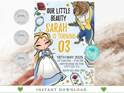 Beauty and the Beast Invitation, Beauty and the Beast, Digital File, Printable File, Beauty and the Beast Birthday Invitation, Corjl