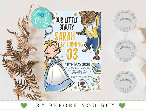 Beauty and the Beast Invitation, Beauty and the Beast, Digital File, Printable File, Beauty and the Beast Birthday Invitation, Corjl