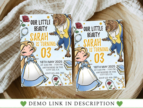 Beauty and the Beast Invitation, Beauty and the Beast, Digital File, Printable File, Beauty and the Beast Birthday Invitation, Corjl