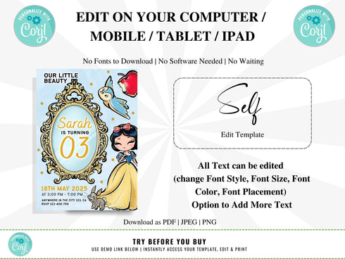 Snow White Birthday Invitation, Snow Princess Invitation, Instant Download, Princess Birthday Party Invite, Editable Template, Corjl