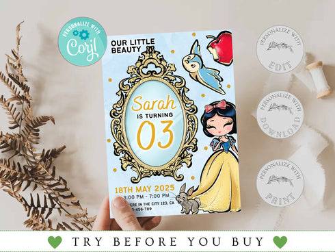 Snow White Birthday Invitation, Snow Princess Invitation, Instant Download, Princess Birthday Party Invite, Editable Template, Corjl