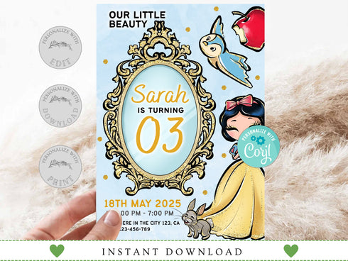 Snow White Birthday Invitation, Snow Princess Invitation, Instant Download, Princess Birthday Party Invite, Editable Template, Corjl
