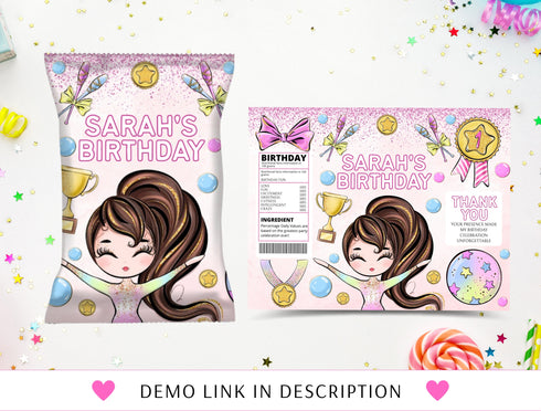 Gymnastics Chip Bag Label Template, Editable Chips Wrapper, Party Favor, Girl Gymnast Birthday Party, Gymnastics, Instant Download
