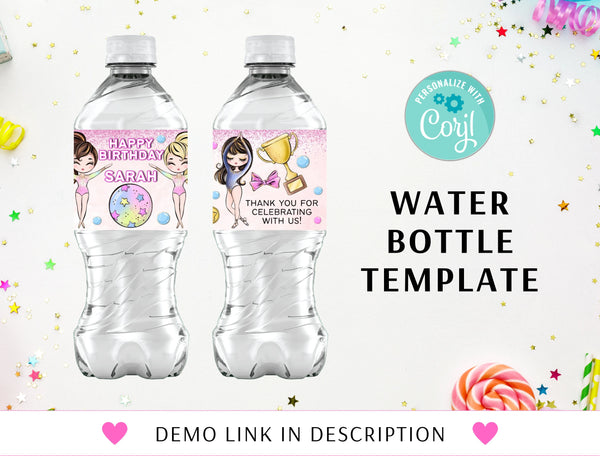 Gymnastic Custom Water Bottle Label, Gymnastic Party Label, Gymnastic Birthday Party Favor, Gymnastic Decor, Tumbling Digital Download