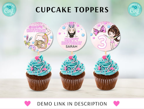 Gymnastics Birthday Party Cupcake Toppers, Gymnastics Cupcake Toppers, Instant Download, Editable Gymnastics Cupcake Toppers