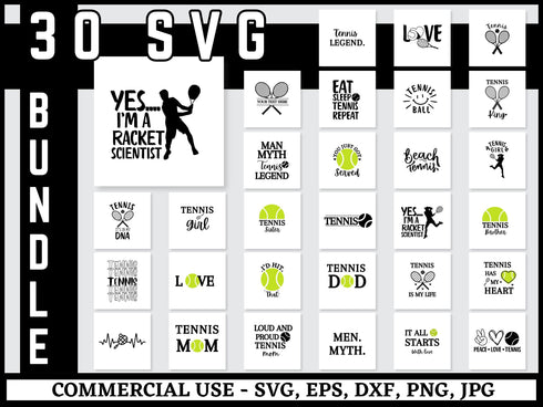 Tennis SVG Bundle | Tennis Racket SVG PNG DXF EPS | Sports Clipart Cut Files for Cricut | Tennis Ball Vector Design