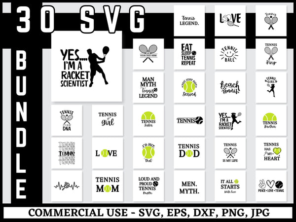 Tennis SVG Bundle | Tennis Racket SVG PNG DXF EPS | Sports Clipart Cut Files for Cricut | Tennis Ball Vector Design