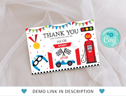 Race Car Thank You Card, Editable Birthday Thank You Card, Racecar 6th Birthday Note Card, Racing Car, Racecar Printable Instant Download