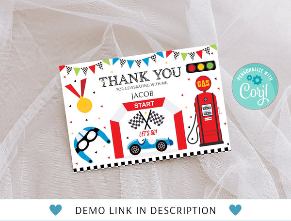 Race Car Thank You Card, Editable Birthday Thank You Card, Racecar 6th Birthday Note Card, Racing Car, Racecar Printable Instant Download