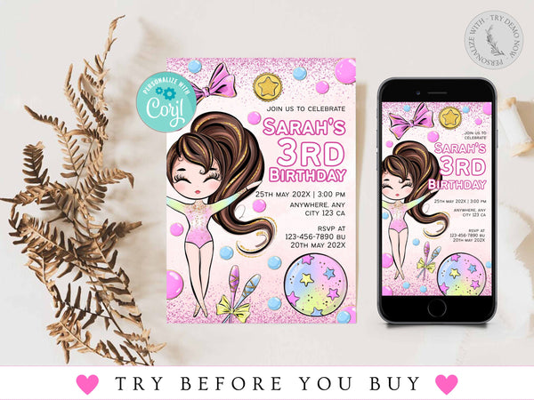 Editable Gymnastics Invitation, Gymnastics Party Invite, Girls Gymnastics Invitation, Gymnastics Birthday Party Invite, Instant Download