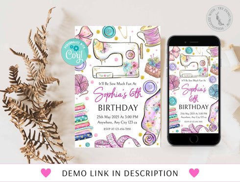 Editable Sewing Birthday Invitation Bundle Template, Sewing Welcome Custom Sign, Sewing Label, Sewing Party Decor