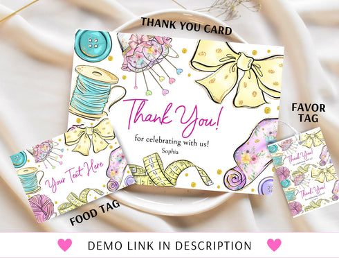 Editable Sewing Birthday Invitation Bundle Template, Sewing Welcome Custom Sign, Sewing Label, Sewing Party Decor