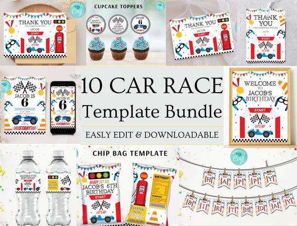 Race Car Birthday Bundle, Editable Race Car Birthday Set, Race Car Birthday Bundle 9 Items, Racing Bundle Template, Instant Download