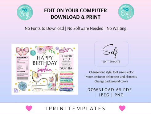 Sewing Chip Bag Label Template, Editable Chips Wrapper, Party Favor, Girl Sewing Birthday Party, Sewing, Instant Download