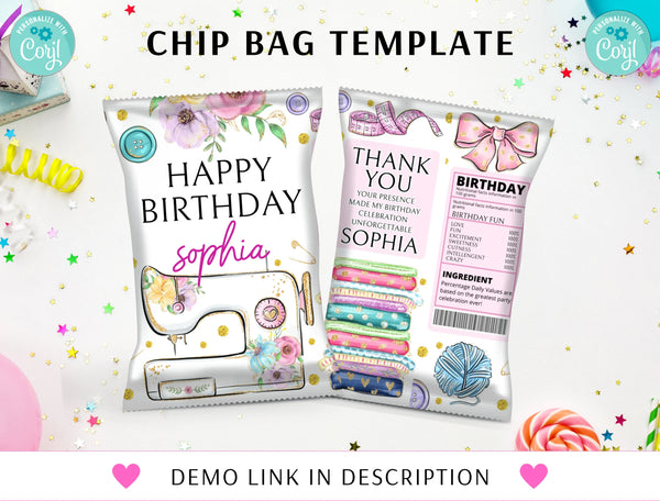 Sewing Chip Bag Label Template, Editable Chips Wrapper, Party Favor, Girl Sewing Birthday Party, Sewing, Instant Download