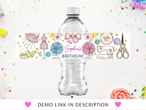 Sewing Water Bottle Label Template, Editable Bottle Wrapper, Party Favor, Sewing Birthday, Sewing Party, Instant Download