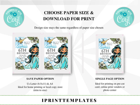 Jasmine Invitation, Princess Jasmine Birthday Invitation, Jasmine Party, Jasmine Invites, Editable Invitation, Digital Card